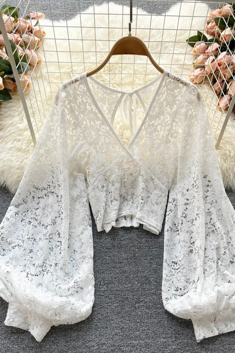 Backless Lace Shirt Hollow Out Transparent Short Blouse Elegant Crop Tops