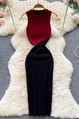 Elegant Colorblock Knitted Bodycon Vestidos Robe Dress
