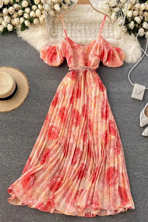 Off Shoulders Puff Sleeve Holiday Beach Long Dress Floral Print Female Dress