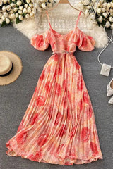 Off Shoulders Puff Sleeve Holiday Beach Long Dress Floral Print Female Dress