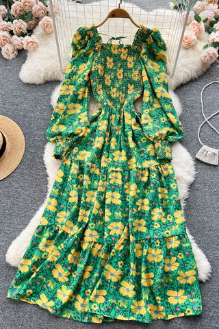 Robe longue élégante à imprimé floral, col carré, manches bouffantes, tenue de soirée pour femme