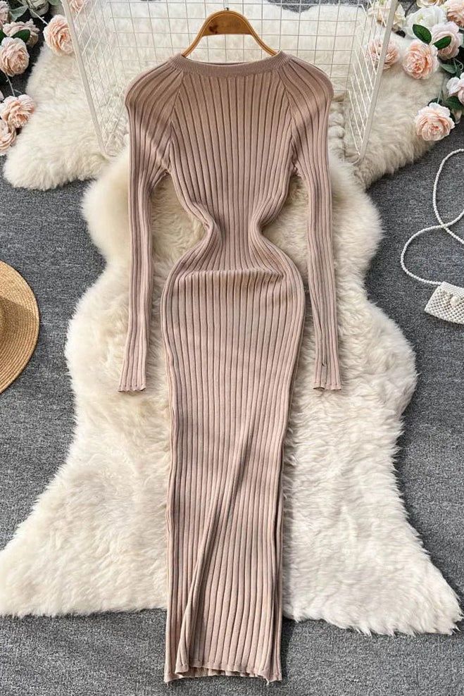 Long Sleeve Knitted Dress O Neck Slim Elastic Oversized Bodycon Sweater Dress