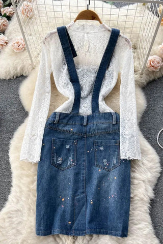 Set Vintage Embroidery Denim Dress + White Lace Tops Two-piece