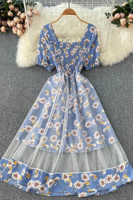 Daisy Flower Print Patchwork Mesh Dress Two Layers Elegant Vacation Midi Dress