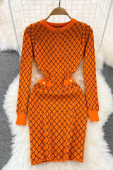 Elegant Geometric Knitted Sweater Dress Lady Wrap Hips Dress