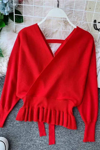 Elegant V Neck Ruffle Sweater Pullover Jumper Knitted Ladies Office Sweater