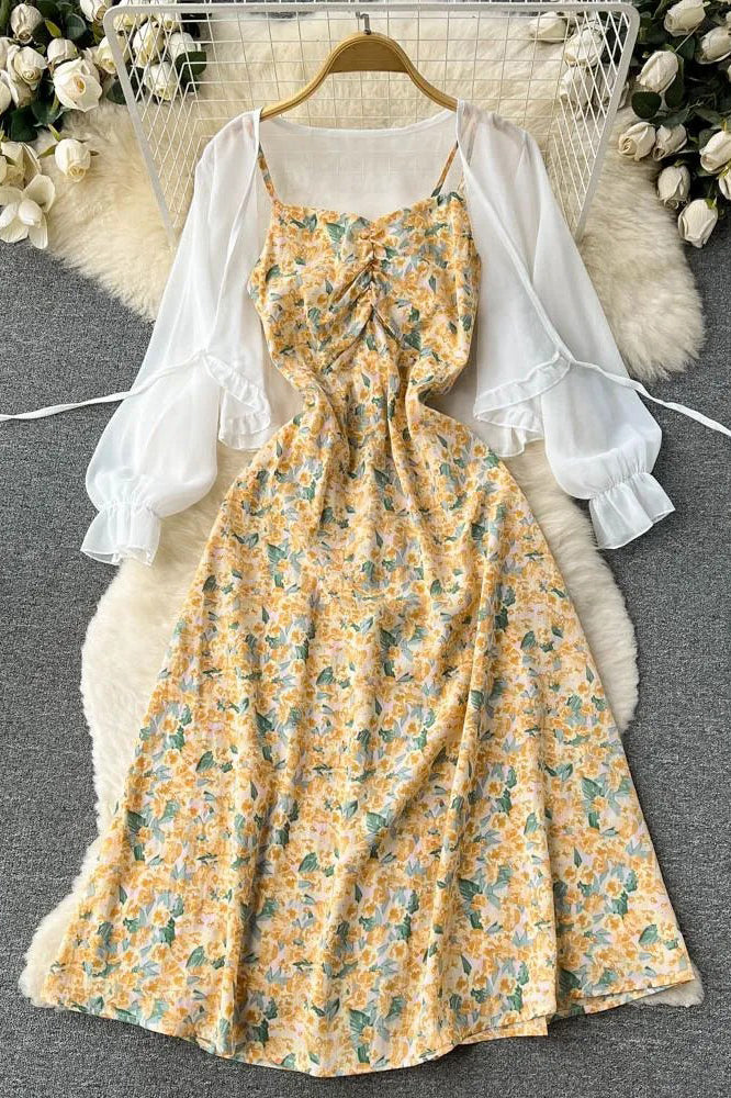 Set Floral Print Strap Dress + Chiffon Shawl Vacation Two Piece Suits