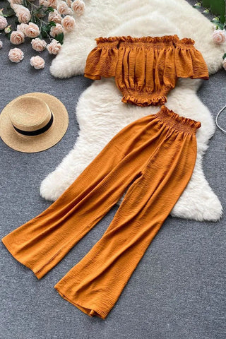 Beach Two Piece Set Off Shoulder Slim Waist Crop Tops + Casual Loose Wide Leg Pants Lady Holiday Suits