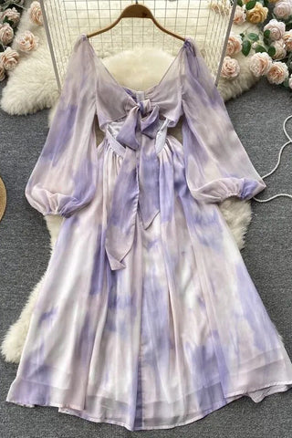 Romantic Tie Dye Print Long Dress Big Swing A-line Chiffon Dress Party Dress