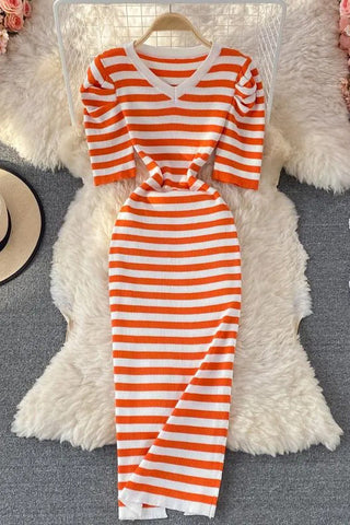 Elegant Puff Sleeve Stripes Knitted Long Dress Lady Package Hips Bodycon Dress