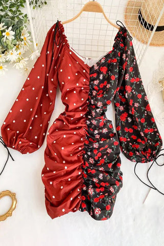 Flower Print V Neck Mini Dress Hot Patchwork Lantern Sleeve Ruched Dress