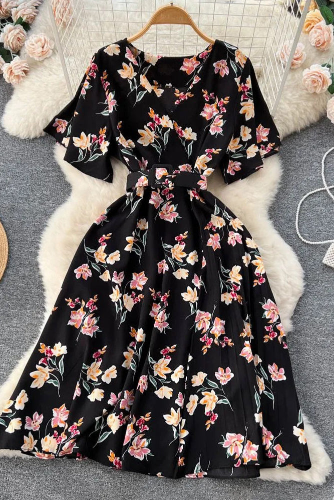 Romantic Floral Print Chiffon Dress With Belt Party Dress