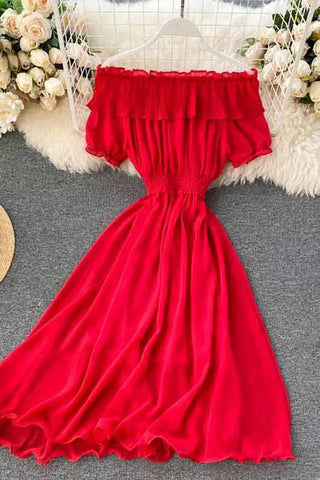 Off Shoulder Chiffon Dress Solid Vestidos Short Puff Sleeve Ruffles Holiday Dress