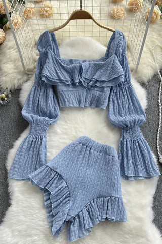 Chiffon Suits Long Flare Sleeve Ruffled Crop Tops + High Waist Shorts Two Piece