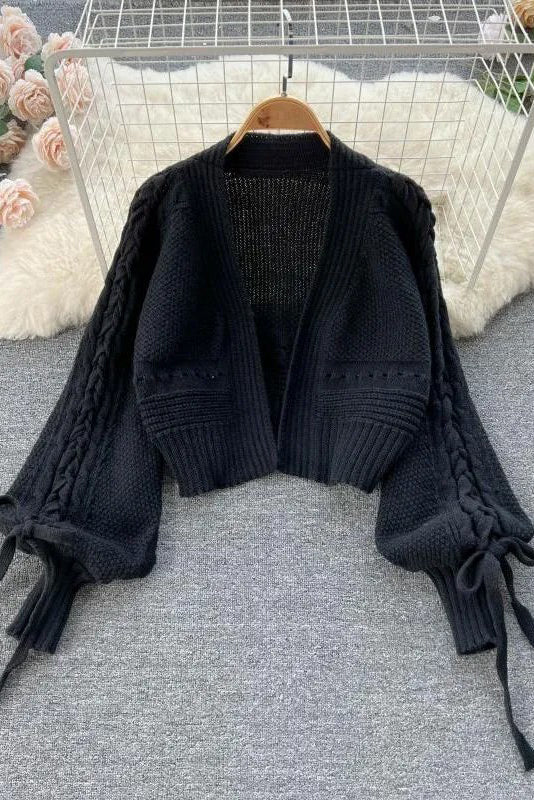 Lantern Sleeve Lace-up Knit Sweater Tops