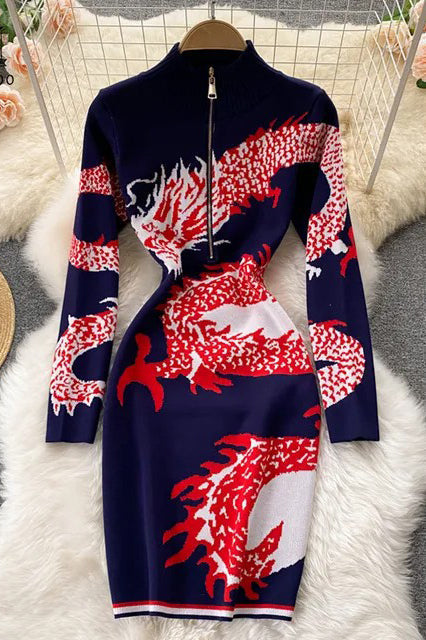 Dragon Pattern Long Sleeve Knitted Dress Harajuku Zipper Fly Collar Bodycon Dress