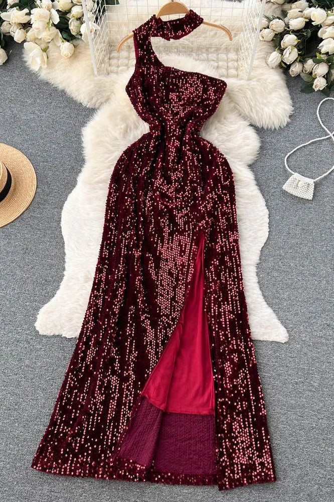 Robe longue élégante et brillante à fente haute, robe de soirée luxueuse