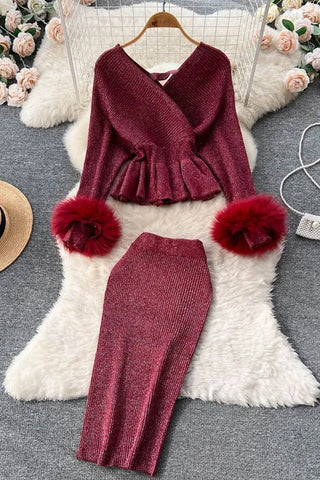 Set Elegant Shining Knitted Ruffled Sweater and Skinny High Waist Skirts Two Piece Suits