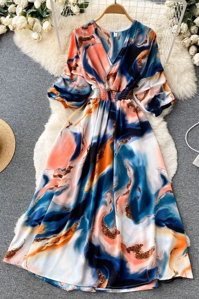 Print Slim Waist Long Dress Vacation Beach Robe Dress