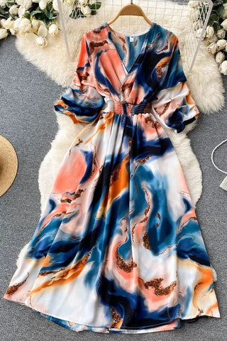 Robe longue imprimée taille fine, robe de plage pour les vacances