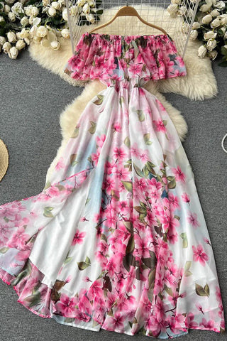 Robe longue à imprimé floral et épaules dénudées, taille haute, élégante, pour la plage et les fêtes