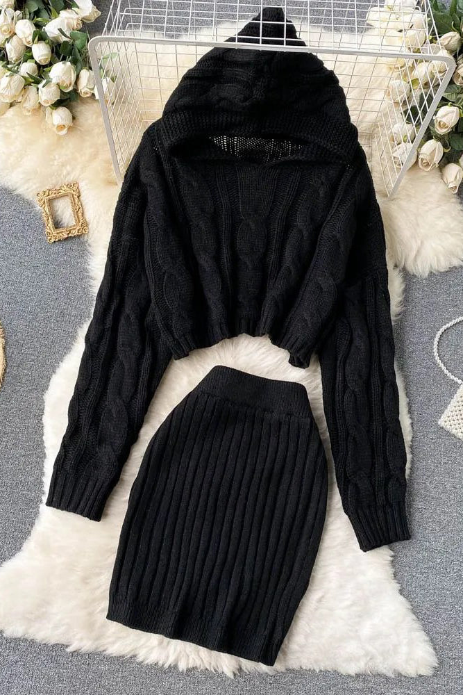 Set Hooded Sweaters Tops + Skinny High Waist Mini Skirts Two PCS Suits