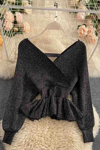 Elegant V-neck Ruffled Knitted Pullover Sweater Tops Shirt