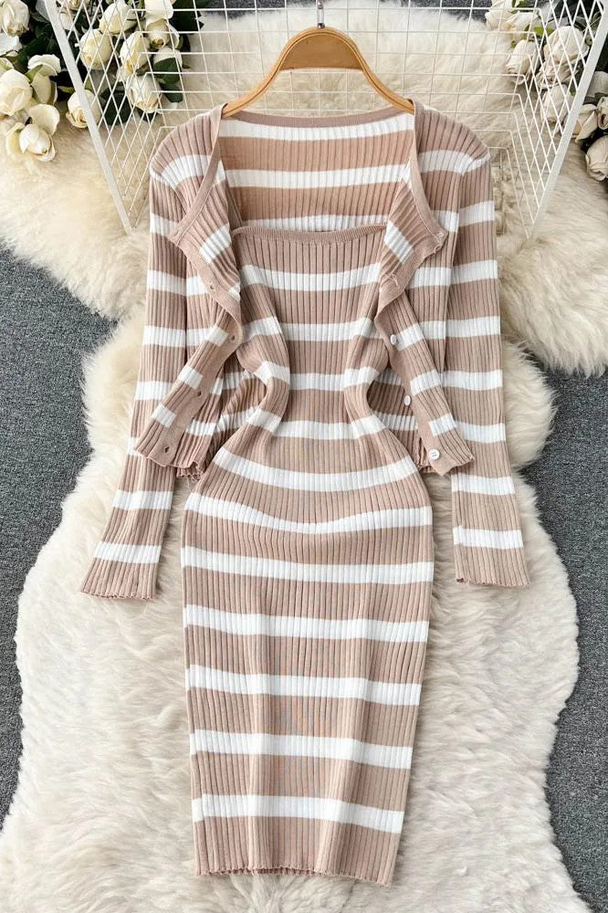 Elegant Sets Knitted Cardigans + Slim Spaghetti Strap Dress Lady Two Piece Suits