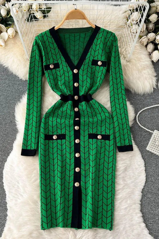 V-neck Buttons Split Knitted Sweater Dress