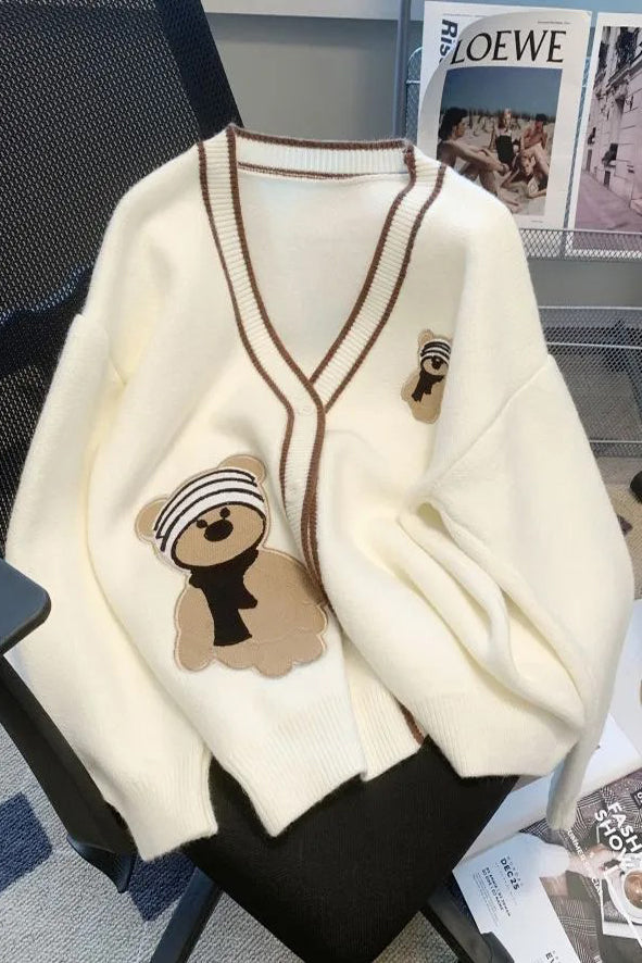Cartoon Embroidery Cardigans Sweaters All Match Female Knitwear Coat