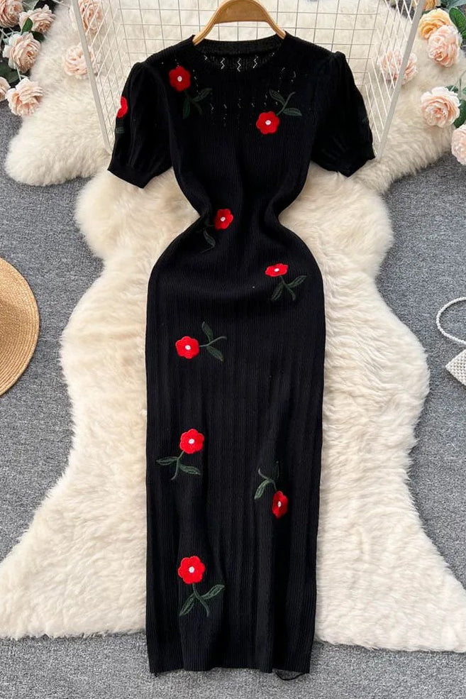 Flower Embroidery Knitting Dress Casual Dress