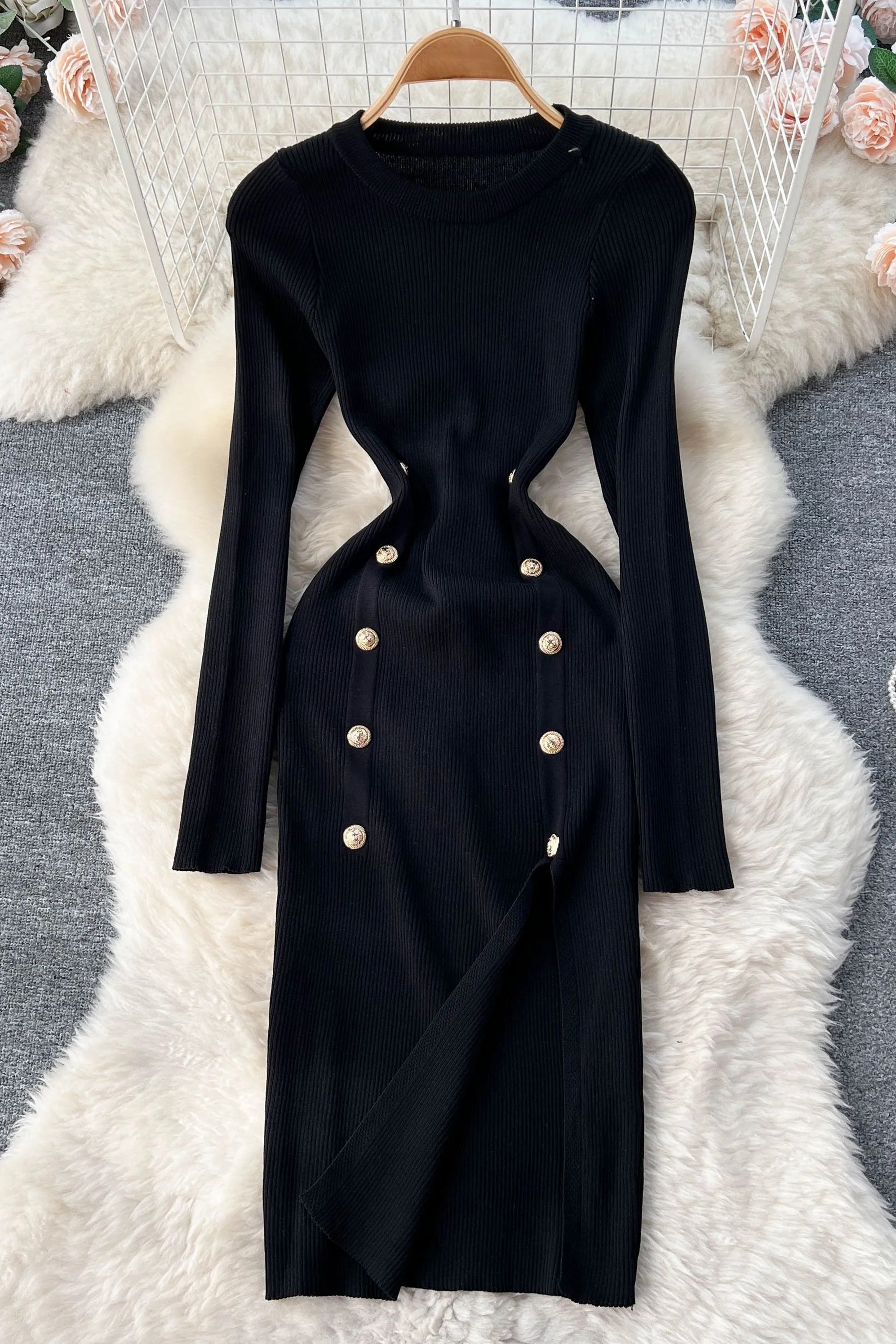Elegant Double-breasted Split Knitted Wrap Hips Bodycon Dress