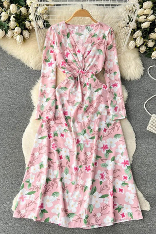 Floral Print Full Sleeve Long Dress Elegant High Waist A-line Party Dress