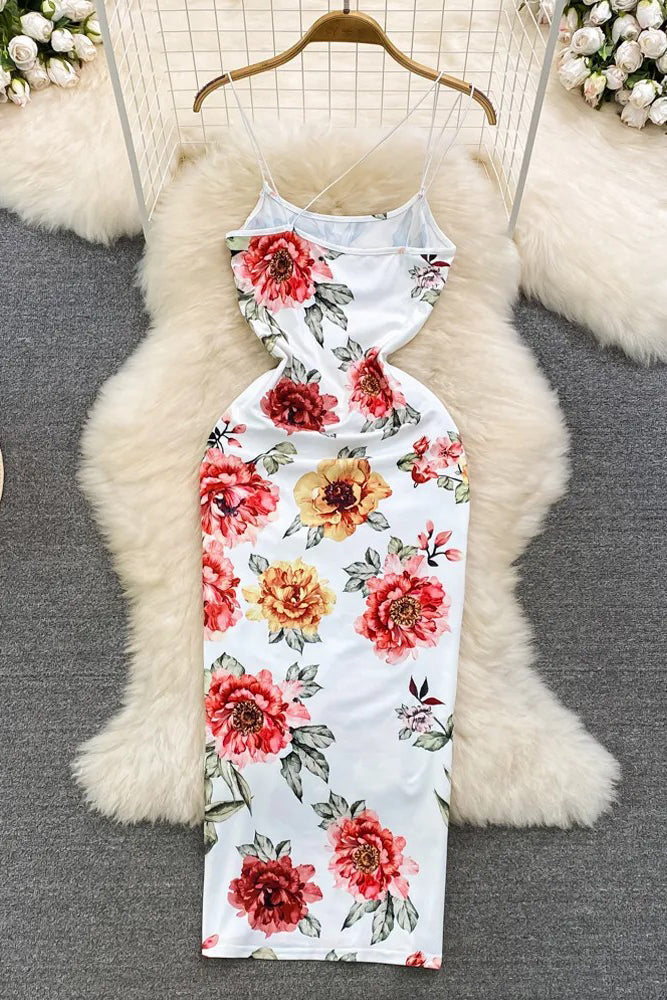 Flower Print Long Dress Strap Bodycon Party Dress Holiday Package Hips Beach Vestidos Dress