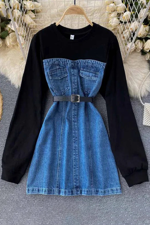 Hoodies Denim Kleid Langarm Baumwolle Patchwork Mini Jeans Kleid Mit Gürtel