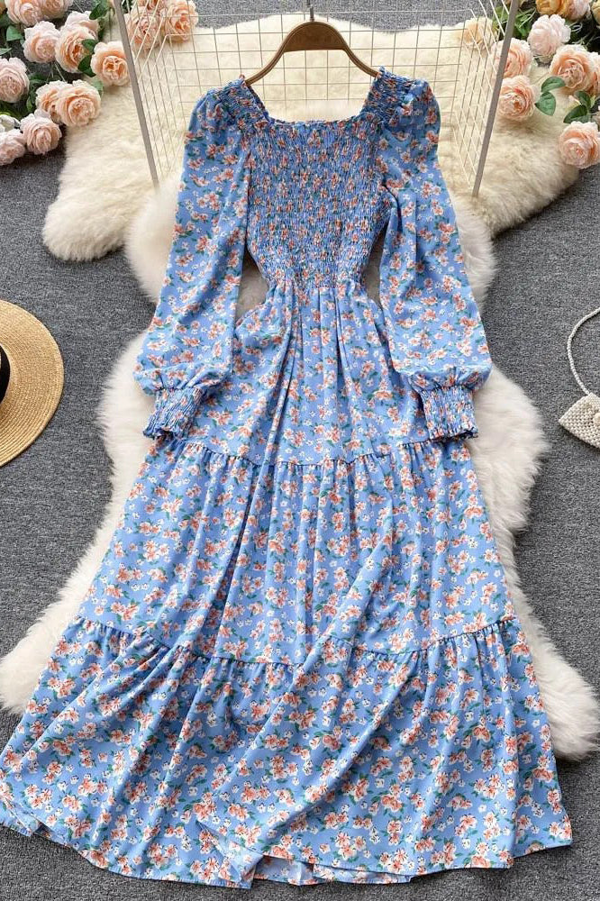 Romantic Floral Print Long Puff Sleeve Maxi Dress