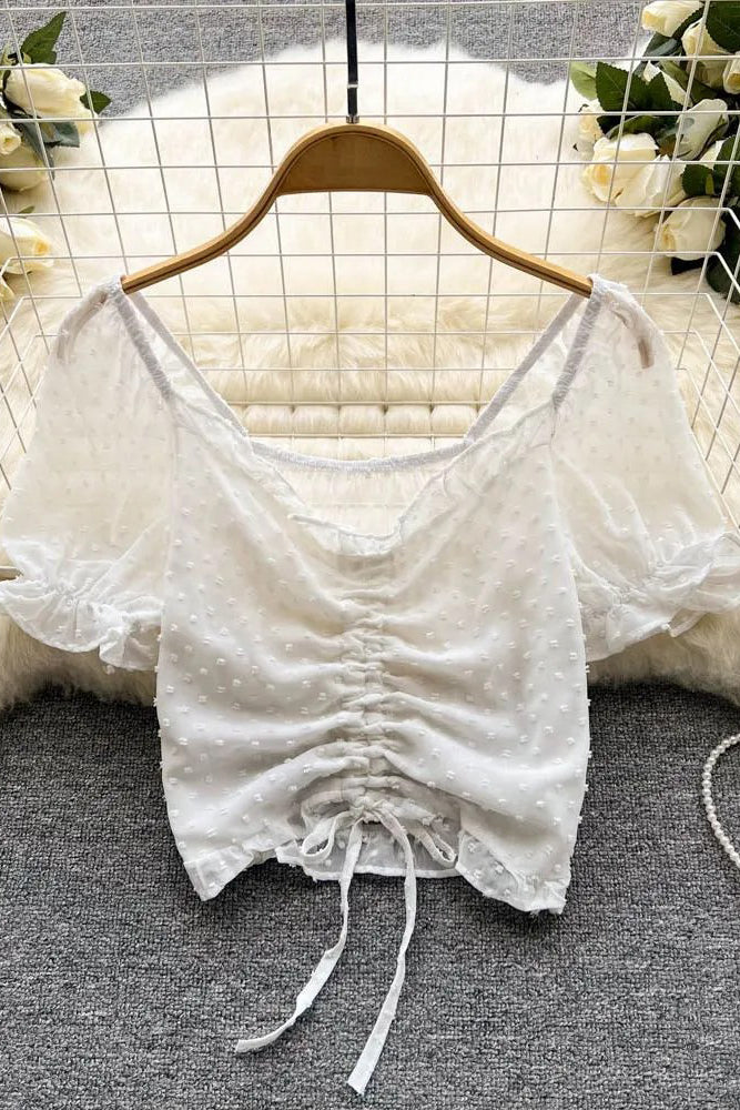 See Through Breathable Tops Drawstring Ruched Short Blouses