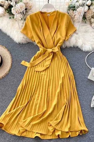 V Neck Bandage Dress Midi Long Elegant Pleated Dress Ladies Party Dress Sundress