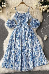 Vintage Floral Print A-line Long Dress Elegant Off Shoulders Party Dress
