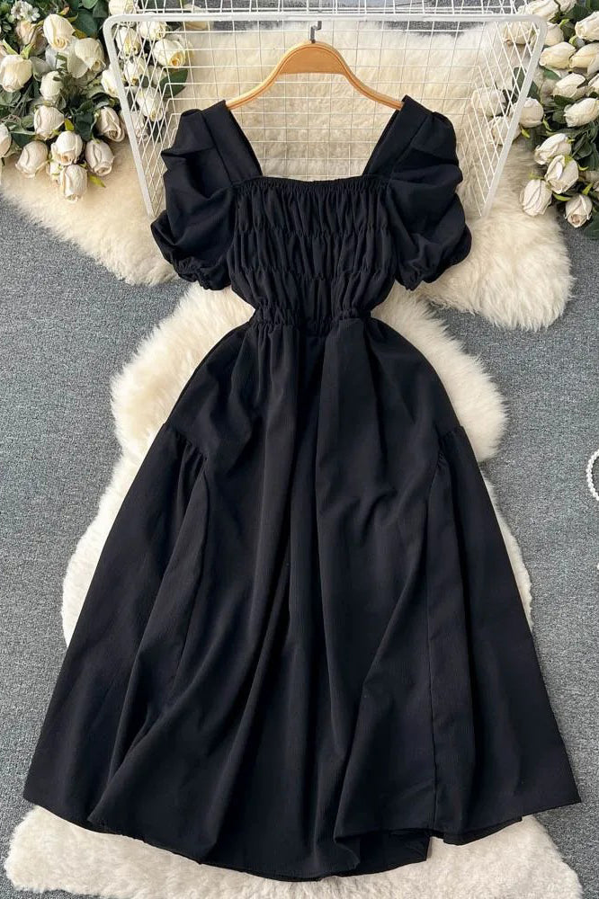 Elegant Ruched High Waist Vintage Puff Sleeve Gothic Dress