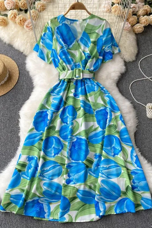 Print Sash Dress Elegant Big Swing Flower Long Dress Vacation Style Dress