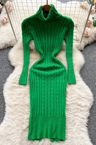 Turtleneck Twist Knitted Bodycon Dress Wrap Hips Dress