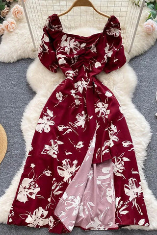 Folds V-neck Floral Print Slit Long Dress Elegant Puff Sleeve Vacation Party Dress