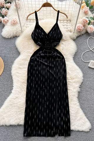 Long Dress Elegant V-neck High Waist Split Velvet Long Dress