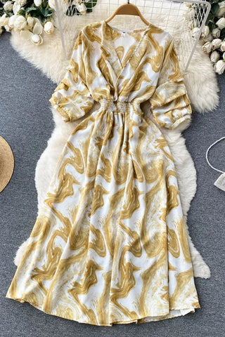 Print Slim Waist Long Dress Vacation Beach Robe Dress