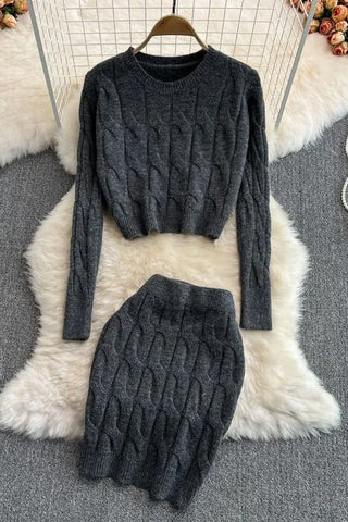 Set Long Sleeve Knitted Tops + Slim Mini Skirts Two Piece Suits