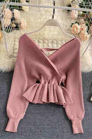 Elegant V-neck Ruffled Knitted Pullover Sweater Tops Shirt