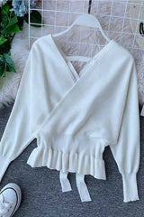 Elegant V Neck Ruffle Sweater Pullover Jumper Knitted Ladies Office Sweater