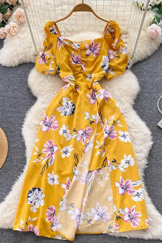 Folds V-neck Floral Print Slit Long Dress Elegant Puff Sleeve Vacation Party Dress