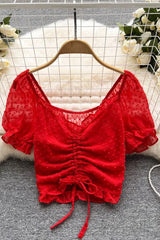 See Through Breathable Tops Drawstring Ruched Short Blouses